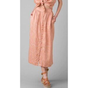 prAna APPLE BLOSSOM LEAVES SWIFT LAKE BUTTON FRONT MIDI SKIRT SZ S